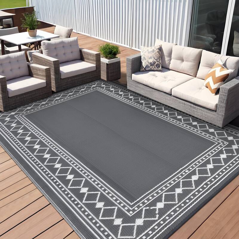 Garvee Large Outdoor Rug 10x20 Waterproof Plastic Straw Reversible Mat for Patio Camping RV Deck Balcony, Gray
