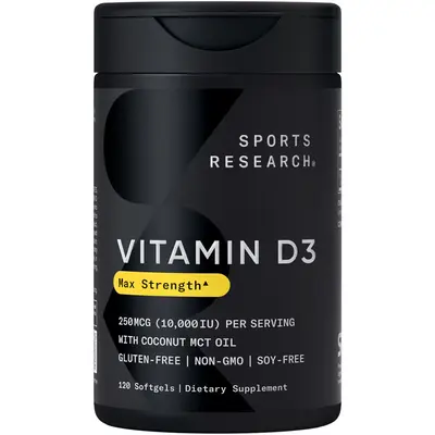 Sports Research Vitamin D3 10,000 IU with Coconut MCT Oil - Vitamin D Supplement - Non-GMO Verified, Gluten & Soy Free – 25...
