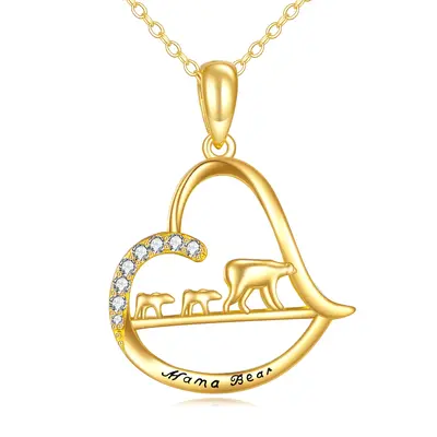 14K Gold Cubic Zirconia Bear & Parents & Children & Heart Pendant Necklace with Engraved Word