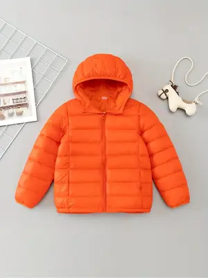 Kid's Solid Zip Up Hooded Puffer Coat, Casual Long Sleeve Warm Outerwear for Fall & Winter, Kids Clothing for Daily Wear