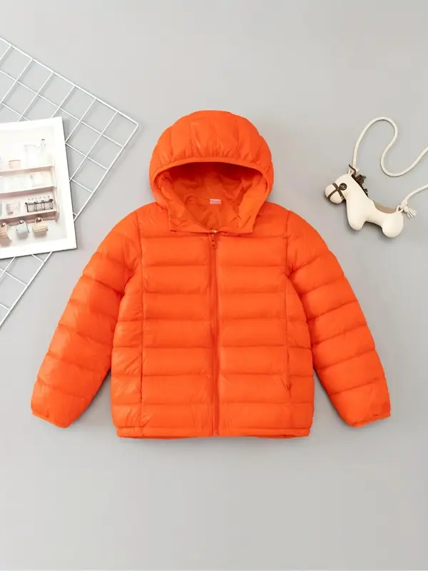 Kid's Solid Zip Up Hooded Puffer Coat, Casual Long Sleeve Warm Outerwear for Fall & Winter, Kids Clothing for Daily Wear