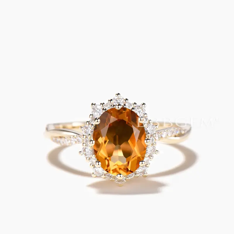 Twisted Ring 1.5CT Oval Cut Natural Citrine Diamond Halo Engagement Ring