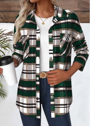 Modlily Green Snap Button Plaid Long Sleeve Coat - XL