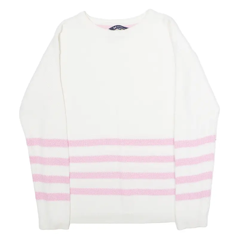 CREW CLOTHING Womens Patterned Jumper White Striped Crew Neck Tight Knit UK 14