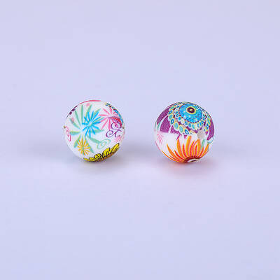 Printed Round with Flower Pattern Silicone Focal Beads