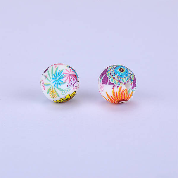 Printed Round with Flower Pattern Silicone Focal Beads