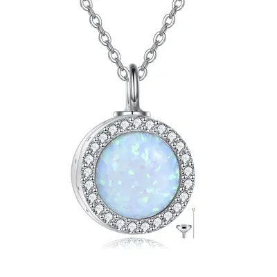 Sterling Silver Opal Round Urn Necklace for Ashes for women
