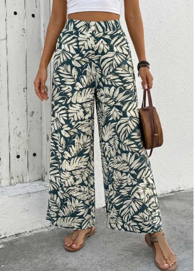 Modlily Turquoise Flowy Leaf Print Wide Leg Zipper Fly Pants - S