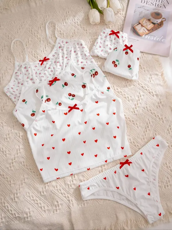 Three-Piece Set Women's All Over Print Bow Decor Underwear Set, Cute Cami Lingerie Top & Thong Set, Lady Summer Lingerie Set ...