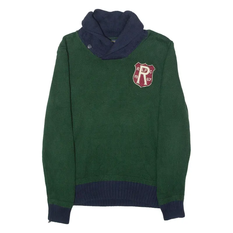 POLO RALPH LAUREN Mens Patterned Jumper Green Roll Neck Tight Knit XS