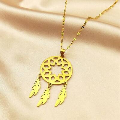 Woven Net/Web with Feather 304 Stainless Steel Boho Pendant Necklaces for Women