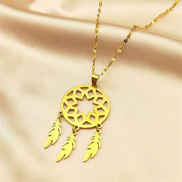Woven Net/Web with Feather 304 Stainless Steel Boho Pendant Necklaces for Women