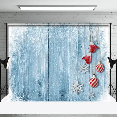Aperturee Bells Snowy Retro Blue Wooden Christmas Backdrop