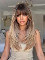22 Inch Long Hair Straight Wigs for Women, Gorgeous Fluffy Wigs with Blunt Bangs, Synthetic Full Machine Wigs for Party, Dail...