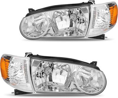 YITAMOTOR® Headlights Assembly Compatible with Toyota Corolla 2001 2002 OE Headlamp Chrome Housing Clear Lens Amber Reflecto...