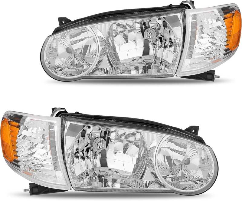 YITAMOTOR® Headlights Assembly Compatible with Toyota Corolla 2001 2002 OE Headlamp Chrome Housing Clear Lens Amber Reflecto...