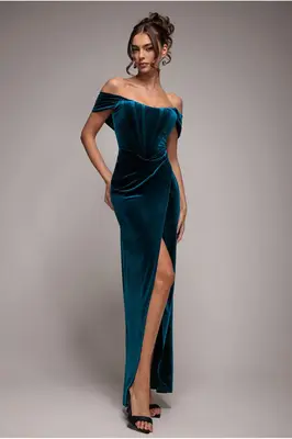 Goddiva Draped Shoulder Velvet Corset Maxi Dress - Teal Blue