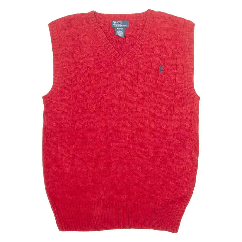 POLO RALPH LAUREN Girls Vest Red V-Neck Cable Knit Sleeveless M