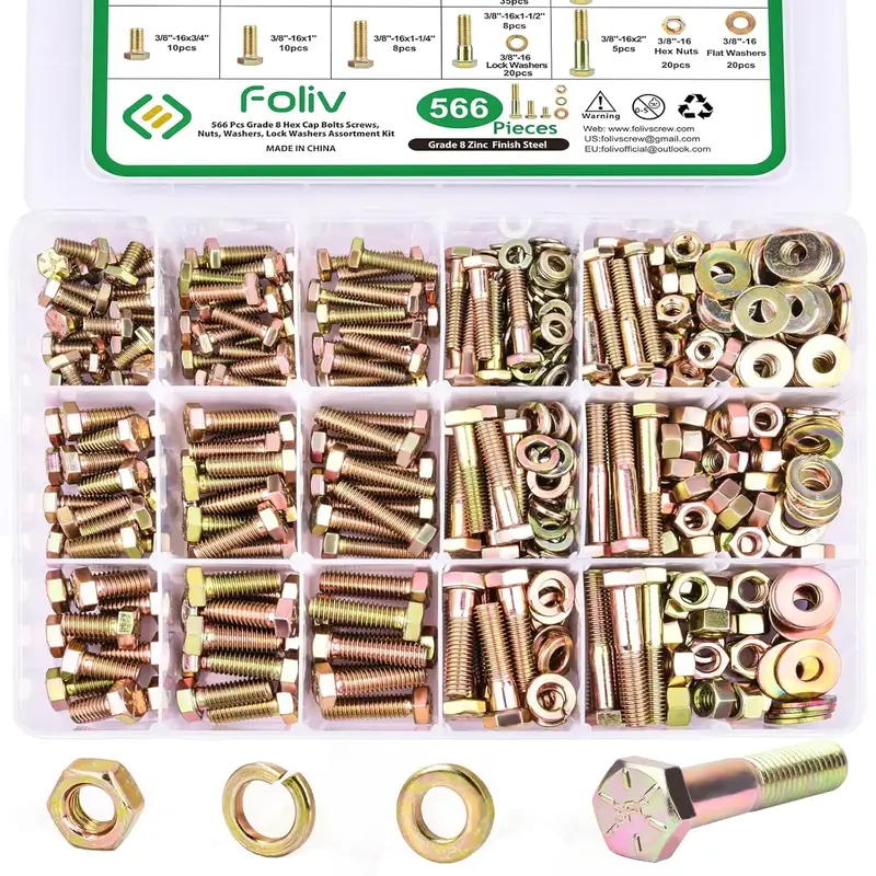 FOLIV 566Pcs Heavy Duty Bolts and Nuts Assortment Kit, Grade 8 Hex Screws Bolts Nuts Kit, 1/4-20 5/16-18 3/8-16, 15 Common Si...