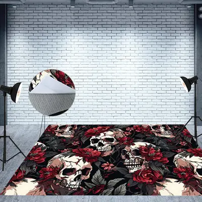 Aperturee Skulls Red Floral Halloween Fabric Floor Backdrop | Floor Photography Background | Floor Background For Photography...