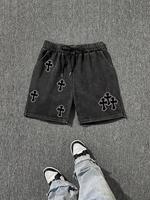 Men's Cross Print Washed Distressed Drawstring Waist Shorts, Shorts for Men, Loose Casual Street Style Graphic Shorts for Sum...