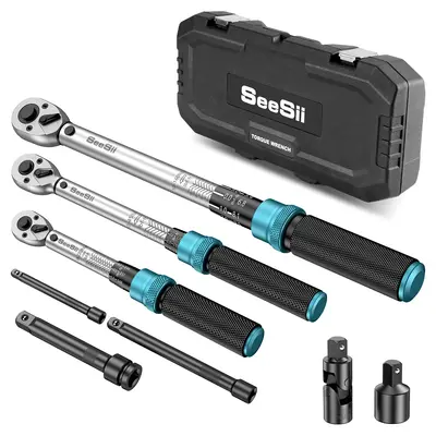 Seesii 1/4 3/8 1/2-inch Drive Click Torque Wrench Set - 8Pcs, Ultra-Precise ±3% Accuracy, 72-Tooth Dual Scale for Bike/Moto/...