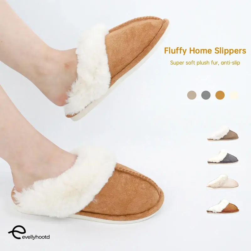 EVELLYHOOTD Women's Minimalist Casual Plush Fluffy Slippers Warm Cozy Bedroom Slippers For Fall Winter Round Toe Slippers For...