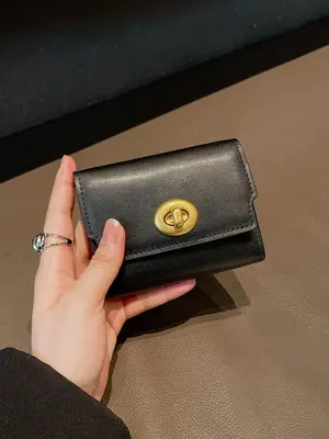 Women's Solid Color Genuine Leather Short Wallet, Fashionable Card Holder for Daily Used, Casual Trendy Versatile High-qualit...