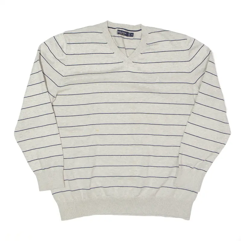 NAUTICA Patterned Jumper Grey Striped V-Neck Mens XL