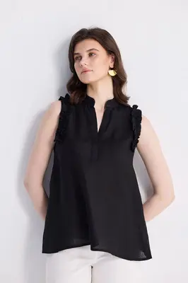 Sleeveless Hemp Top with Ruffles in Black | Color: Black | Size: 2XL