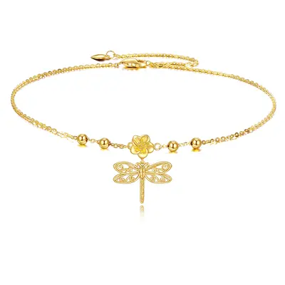 9K Gold Dragonfly & Flowers Single Layer Charm Anklet for Women