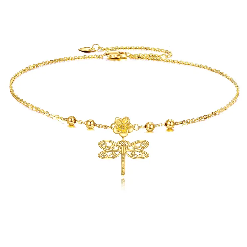 9K Gold Dragonfly & Flowers Single Layer Charm Anklet for Women