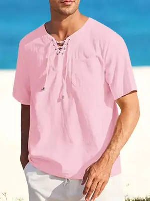 Casual Linen Style V Neck Shirts (US Only), Pink / L