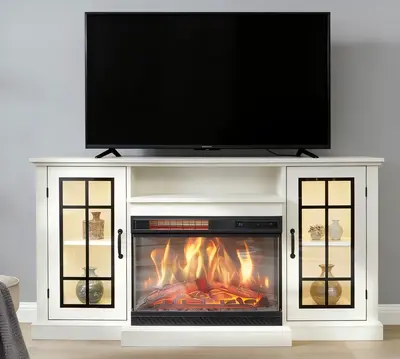 Garvee 59 3-Sided Glass Fireplace TV Stand for TVs up to 65 - Rustic Distressed White, LED Lights, Electric Fireplace, Glas...