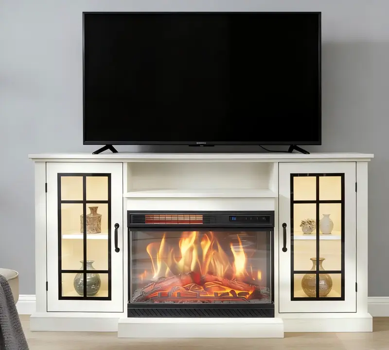 Garvee 59 3-Sided Glass Fireplace TV Stand for TVs up to 65 - Rustic Distressed White, LED Lights, Electric Fireplace, Glas...