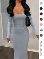 Women's Sexy Plain U Neck Long Sleeve Ribbed Bodycon Dress, Elegant Elegance Classy Flattering Minimalist Solid Tight Sleeve ...