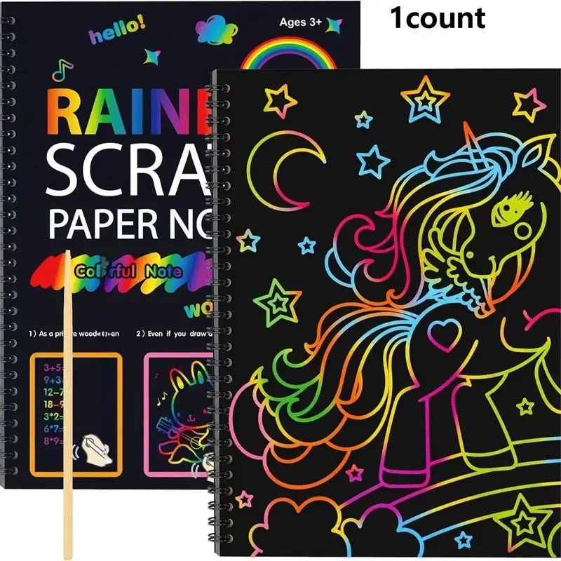 Laser Scratch Note, 1 Set Magic Scratch Paper Art Set, Note Sheet with 1 Count Wooden DIY Stylus & DIY Templates for Party Ga...