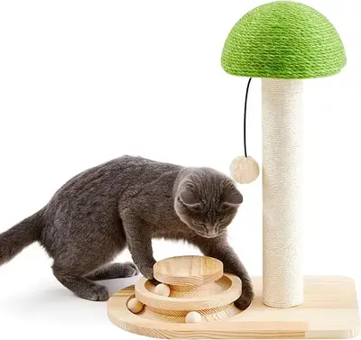 Made4Pets Cat Scratching Post, Mushroom Cat Scratcher with Sisal Ropes, Interactive Track Ball Toy, 2-in-1 Wood Scratch cattr...