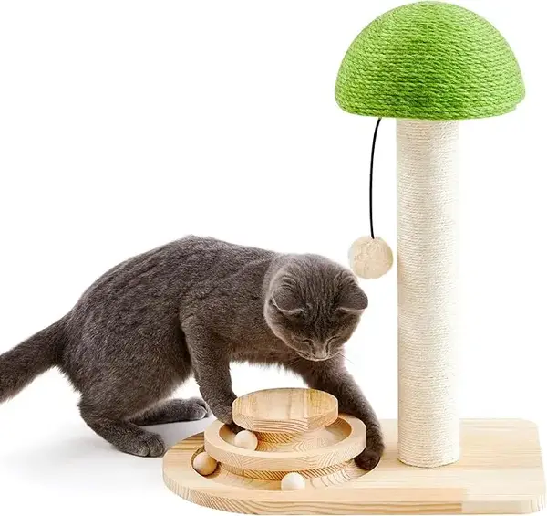 Made4Pets Cat Scratching Post, Mushroom Cat Scratcher with Sisal Ropes, Interactive Track Ball Toy, 2-in-1 Wood Scratch cattr...