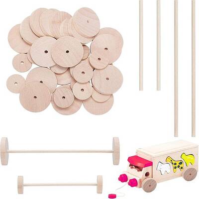 OLYCRAFT 108pcs Unfinshed Wood Wheels 2.5cm & 3.8cm Wooden Craft Wheels with Wooden Sticks Flat Small Wood Wheels for DIY Cra...