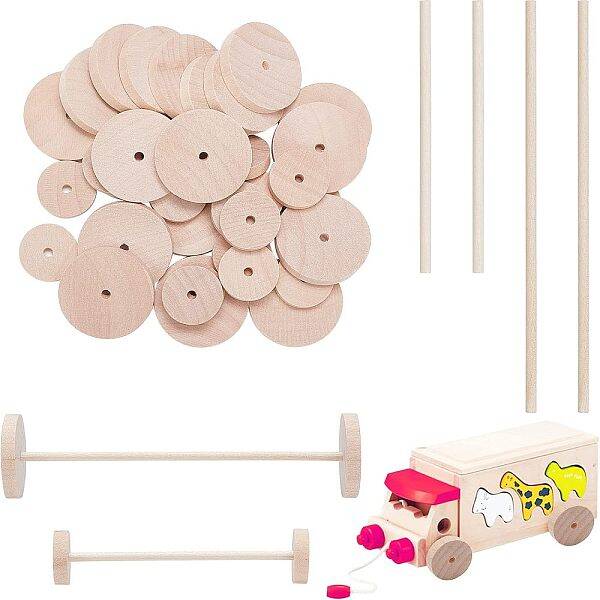 OLYCRAFT 108pcs Unfinshed Wood Wheels 2.5cm & 3.8cm Wooden Craft Wheels with Wooden Sticks Flat Small Wood Wheels for DIY Cra...