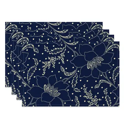 Aperturee Navy Blue Beige Lines Floral Set Of 4 Placemats, 14x12 Inch, 15.8 USD, NYWH00366-S, placemats