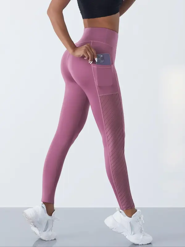 Women's Plain High Waist Pocket Sports Leggings, High Stretch Breathable Skinny Pants, Ladies Sportswear Bottoms for Gym Yoga...