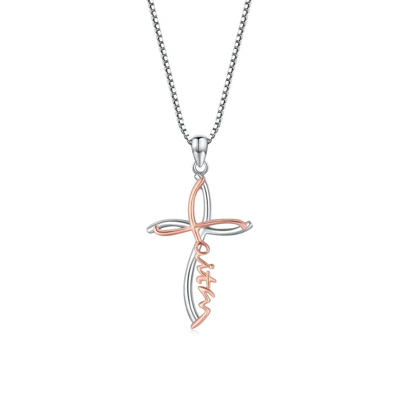 Sterling Silver Two-tone Cross Faith Pendant Necklace with Engraved Word