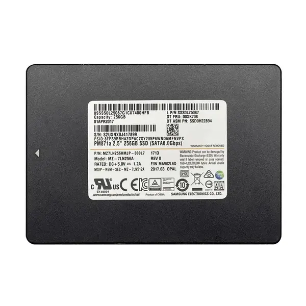 MZ7LN256HMJP-000L7 Samsung Enterprise PM871a Series 256GB Triple-Level Cell SATA 6Gb/s Mainstream Endurance 7mm 2.5-Inch Soli...