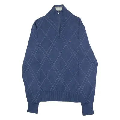TOMMY HILFIGER Mens Jumper Blue Diamond 1/4 Zip Tight Knit S