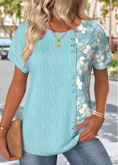 Modlily Blue Floral Print Short Sleeve Round Neck T Shirt - XL