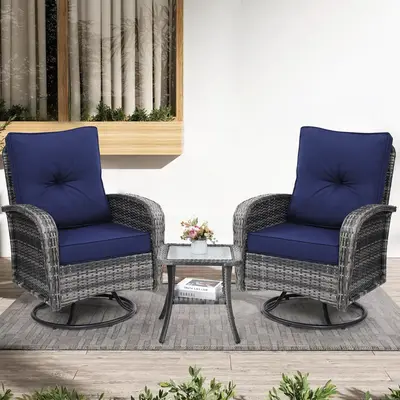CRAZY DEALS FIY 3 Pieces Patio Furniture Set with 4-inch ThickCushion,360 Degree Swivel Rocking Chairs andRattan Side Table f...