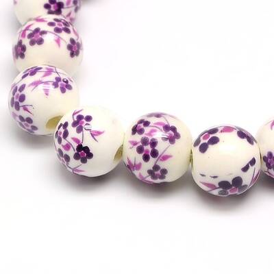 Handmade Flower Printed Porcelain Ceramic Beads Strands