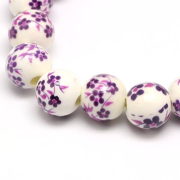 Handmade Flower Printed Porcelain Ceramic Beads Strands